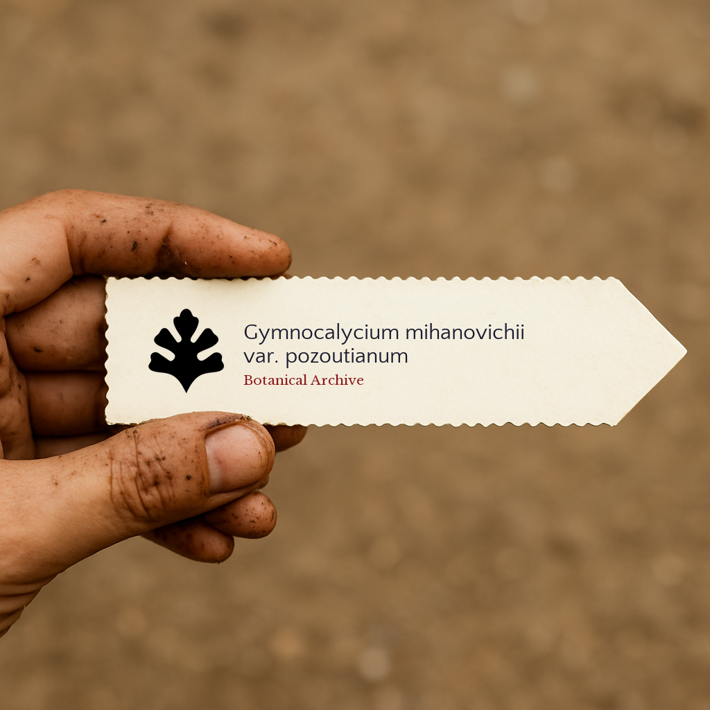 Bedrucktes Pflanzenetikett für Gymnocalycium mihanovichii var. pozoutianum, gehalten von schmutziger Hand