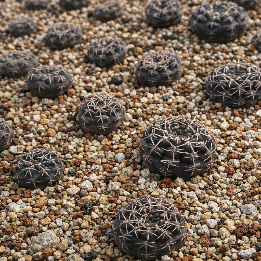 Gymnocalycium schroederianum zeldzame donkere vetplant cactus met radiale stekels op grindgrond