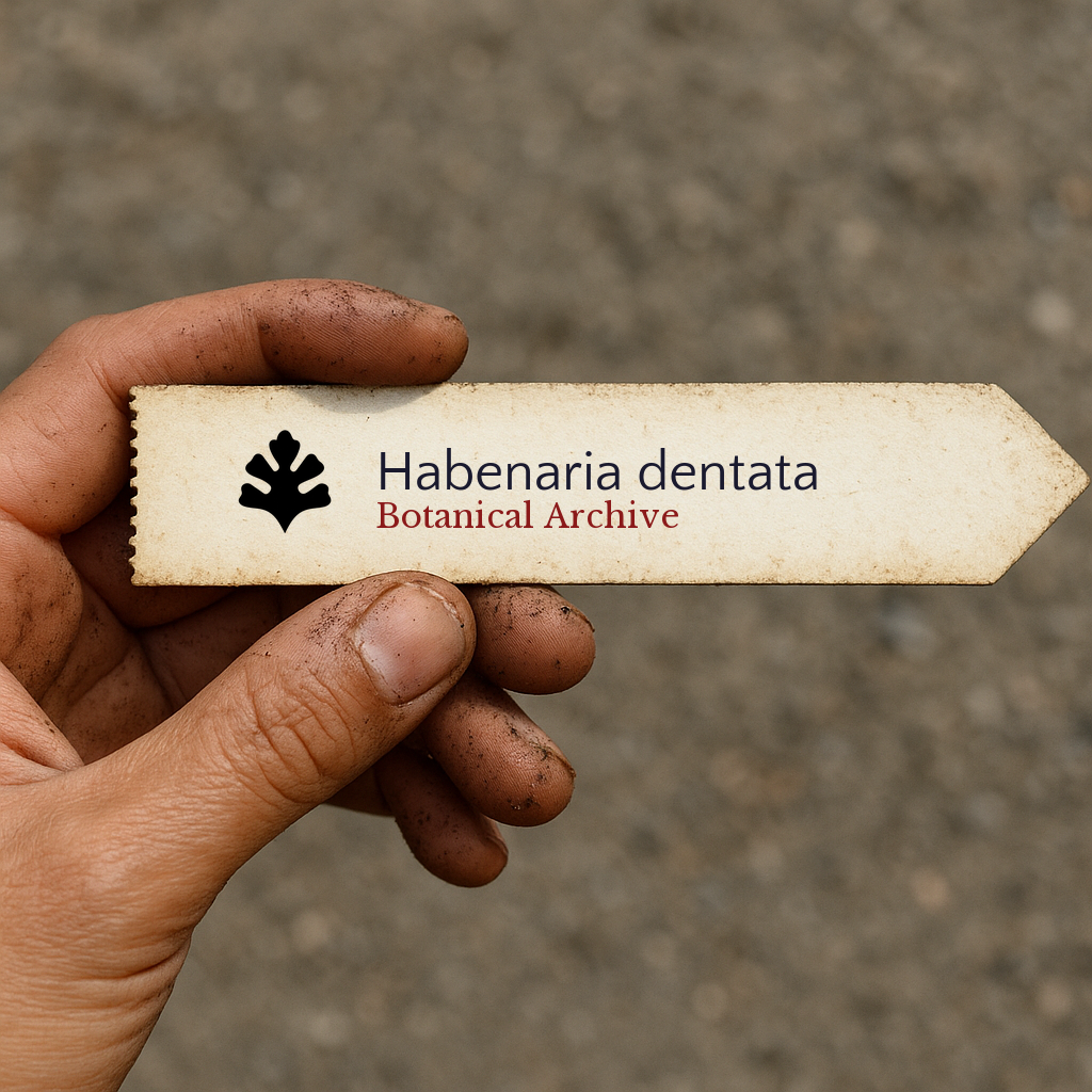 Printed plant label for Habenaria dentata held by hand with soil on fingers