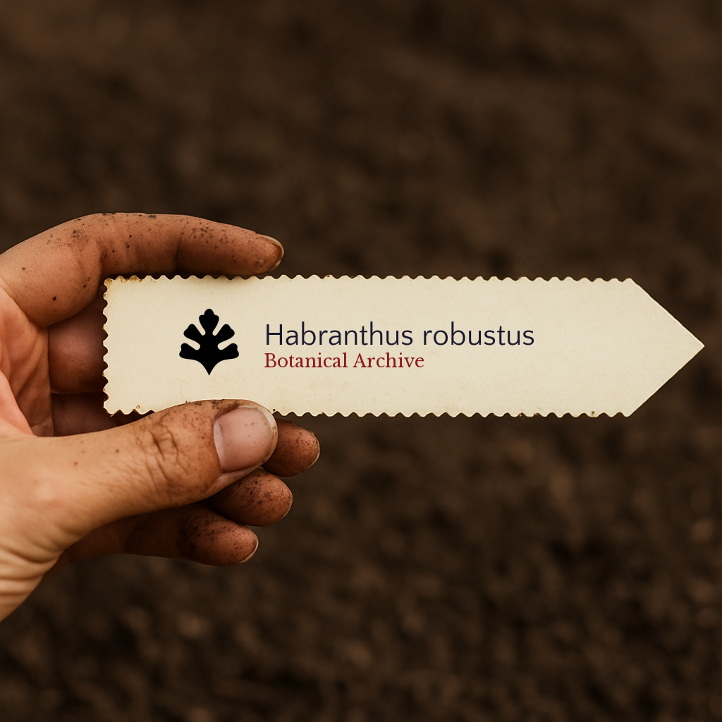 Printed plant label for Habranthus robustus held over soil background