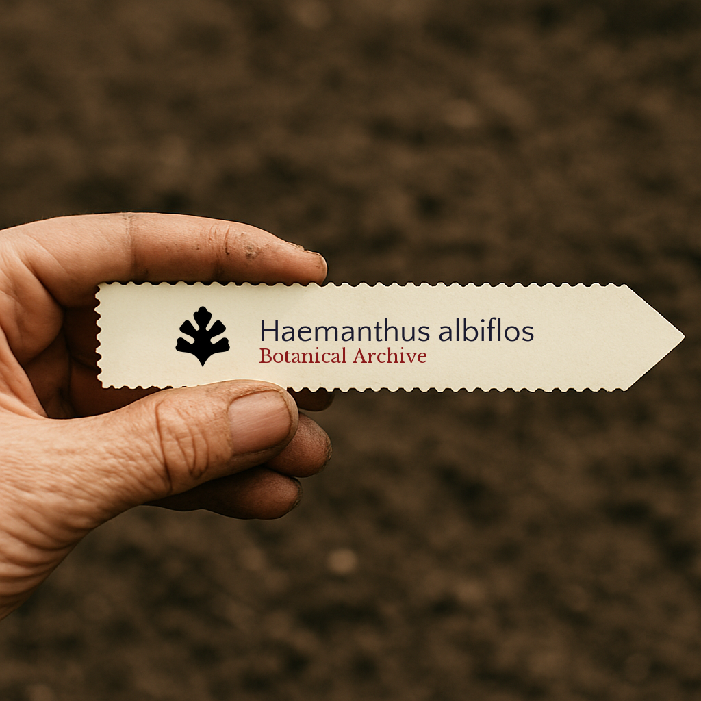 Printed plant label for Haemanthus albiflos with botanical archive logo held by hand