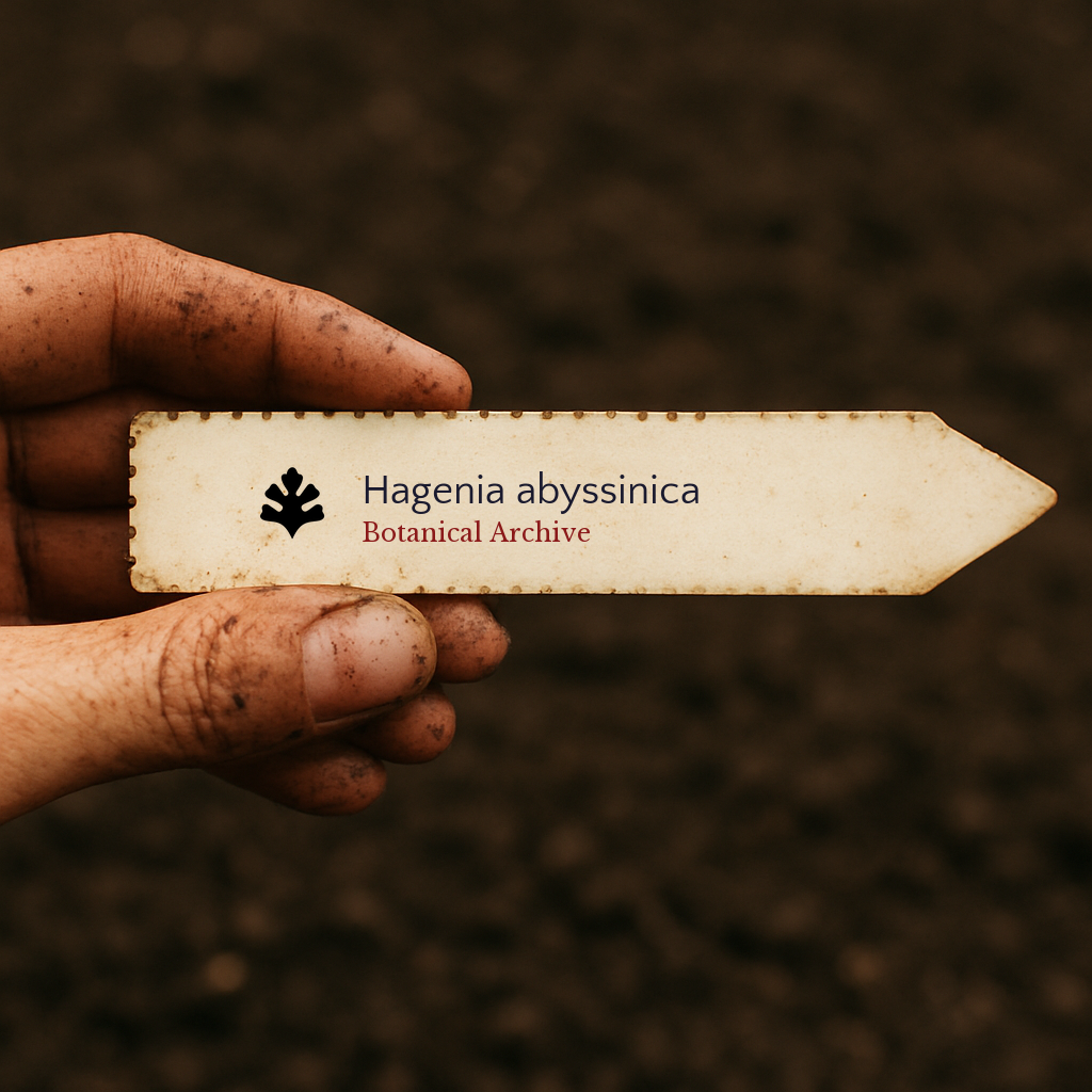 Printed plant label for Hagenia abyssinica held by dirty hand over soil background