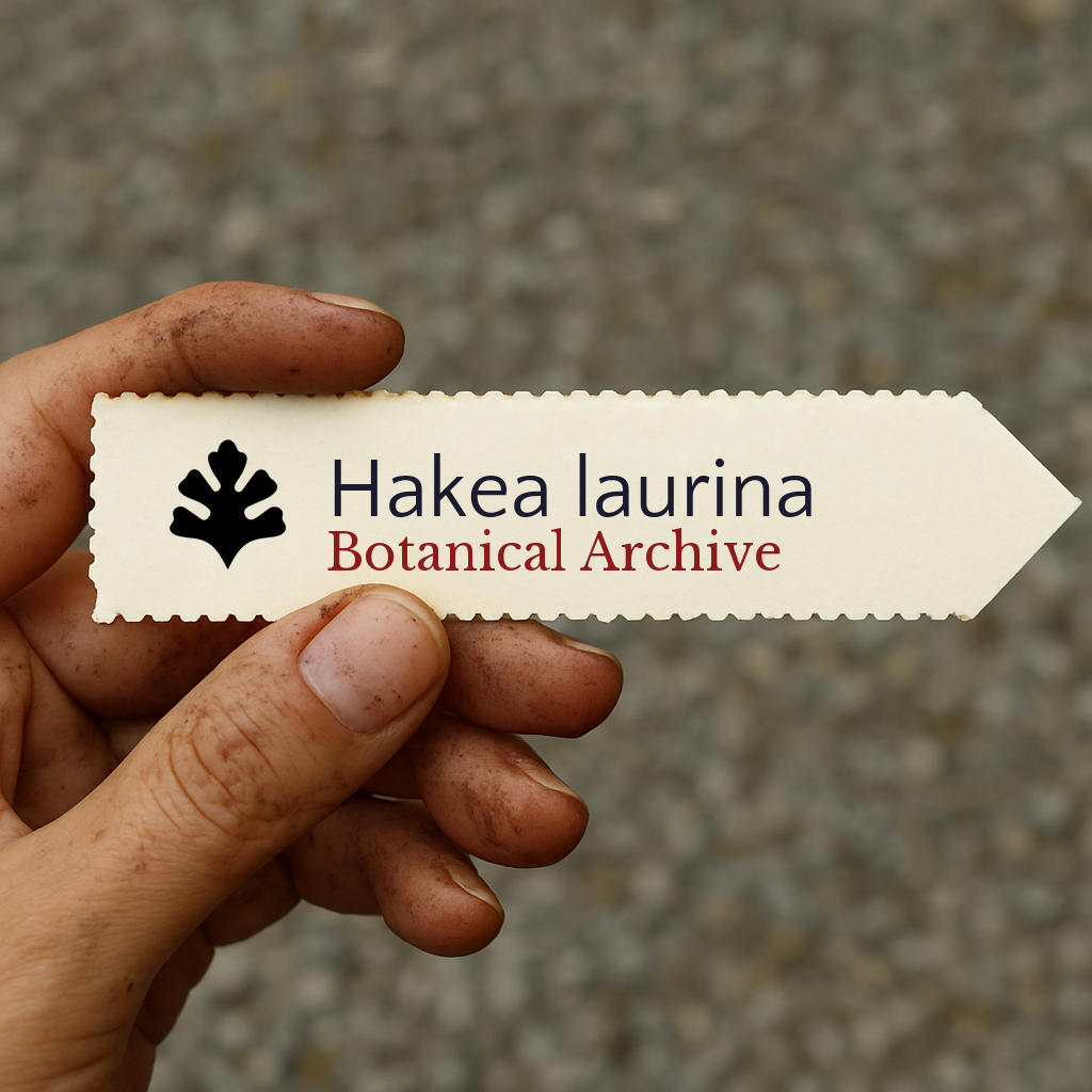 Printed botanical archive label for Hakea laurina held by dirty hand