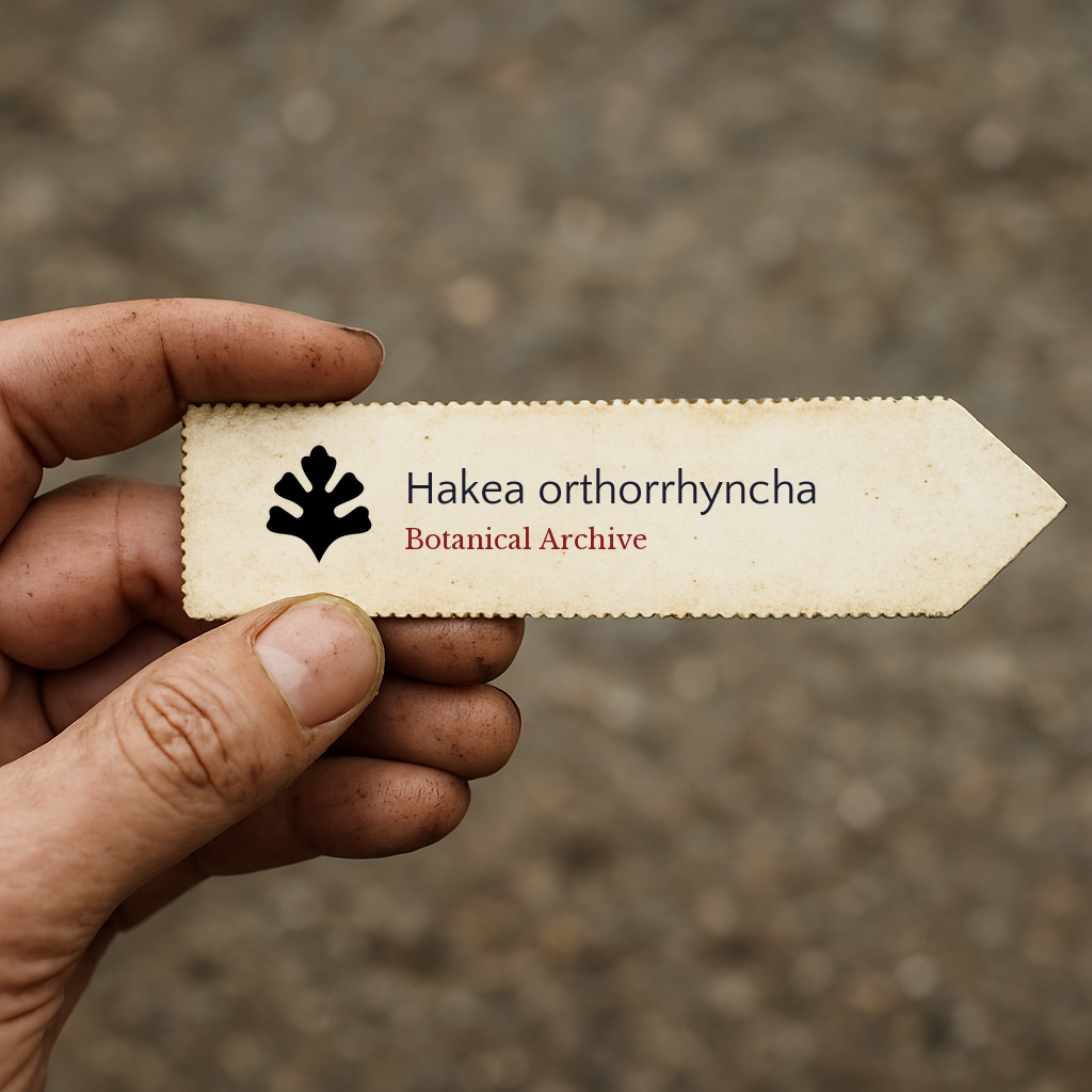 Printed plant label for Hakea orthorrhyncha with botanical archive logo held by hand
