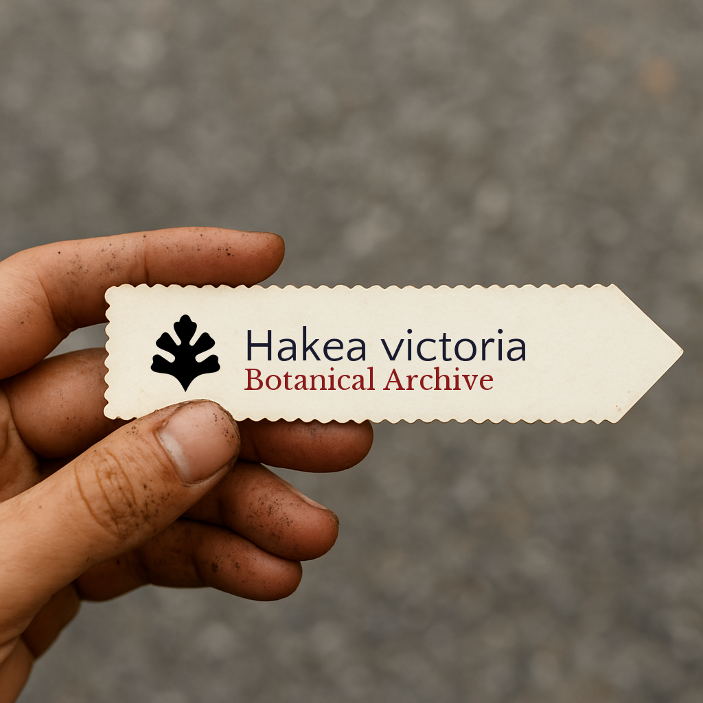 Printed plant label for Hakea victoria with botanical archive logo in hand