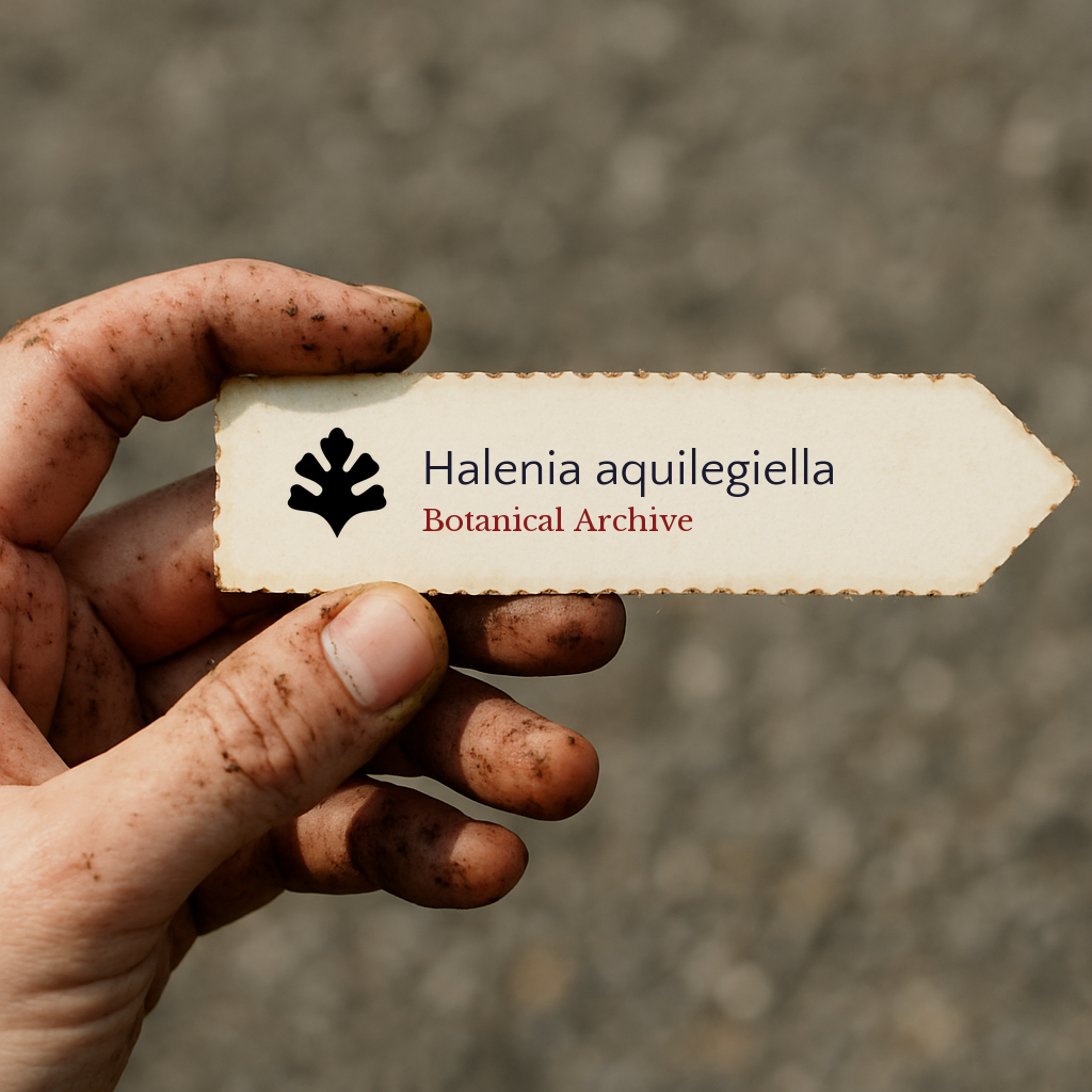 Printed plant label for Halenia aquilegiella held by dirty hand outdoors