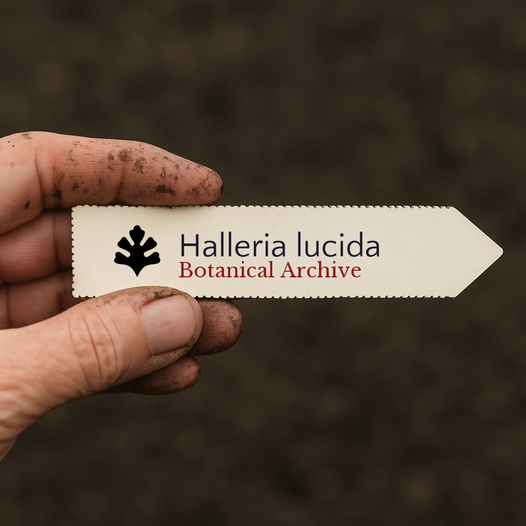 Printed plant label for Halleria lucida held by dirty hand over soil background