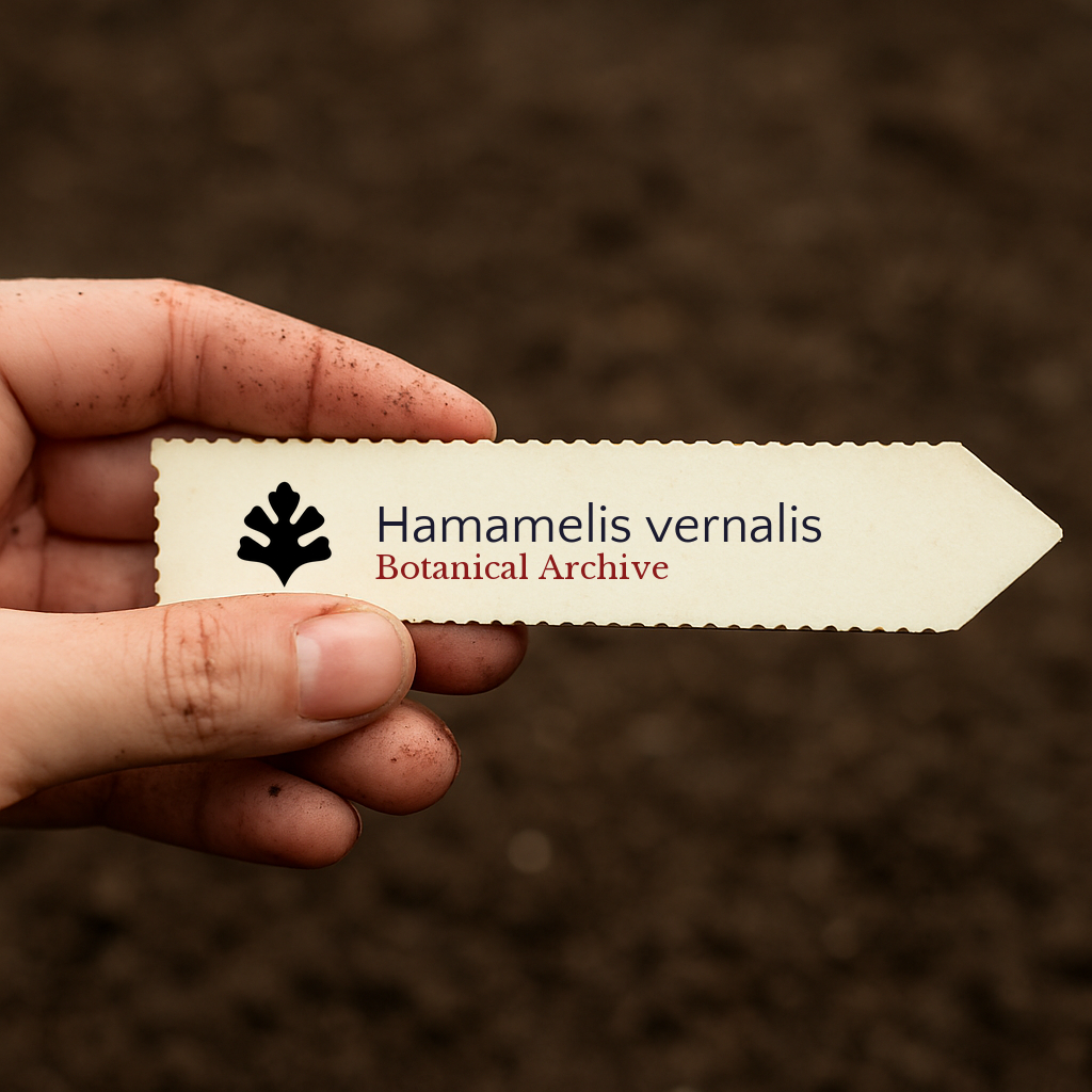 Printed plant label for Hamamelis vernalis held over soil background
