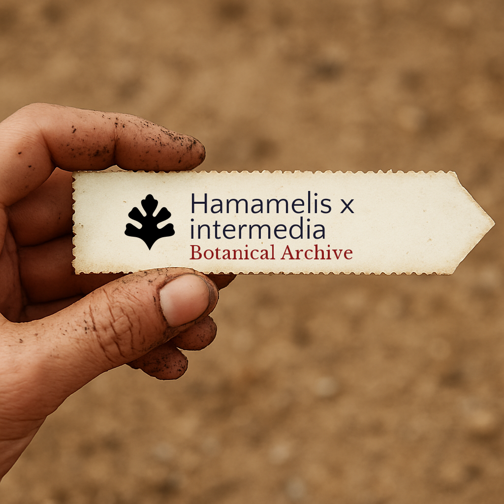 Printed plant label for Hamamelis x intermedia held by dirty hand over soil background
