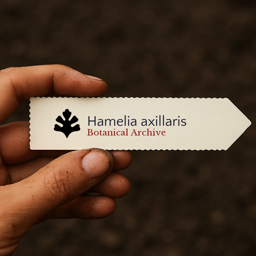 Printed plant label for Hamelia axillaris held by hand with soil background