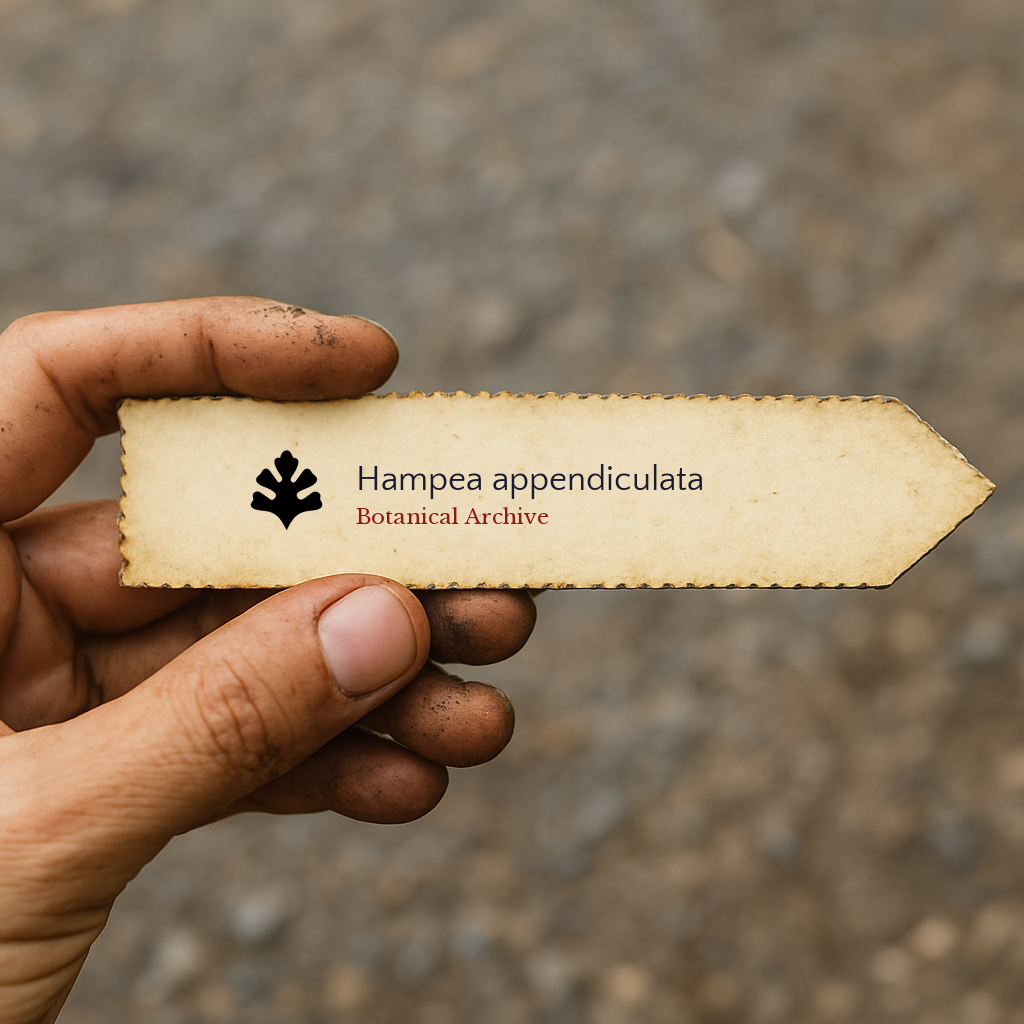 Handheld vintage botanical plant label for Hampea appendiculata with dirt-stained fingers