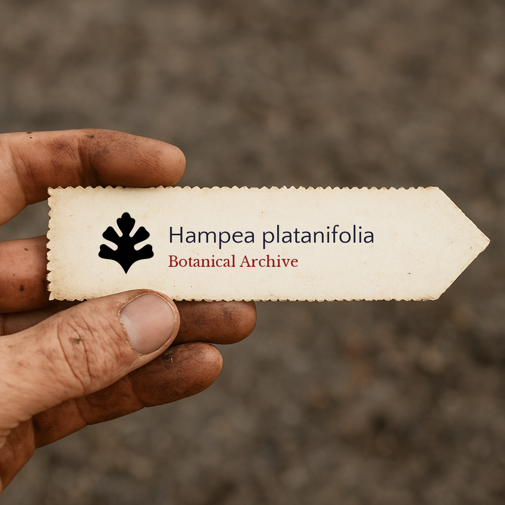 Printed plant label for Hampea platanifolia held by hand with soil background