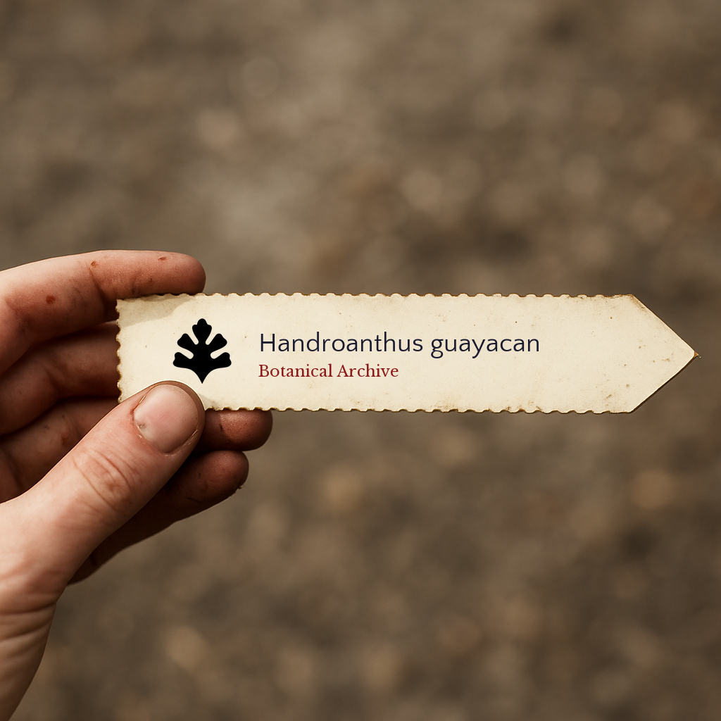 Printed plant label for Handroanthus guayacan with botanical archive logo held by hand