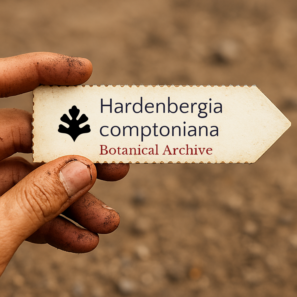 Printed plant label for Hardenbergia comptoniana held by dirty hand over soil background