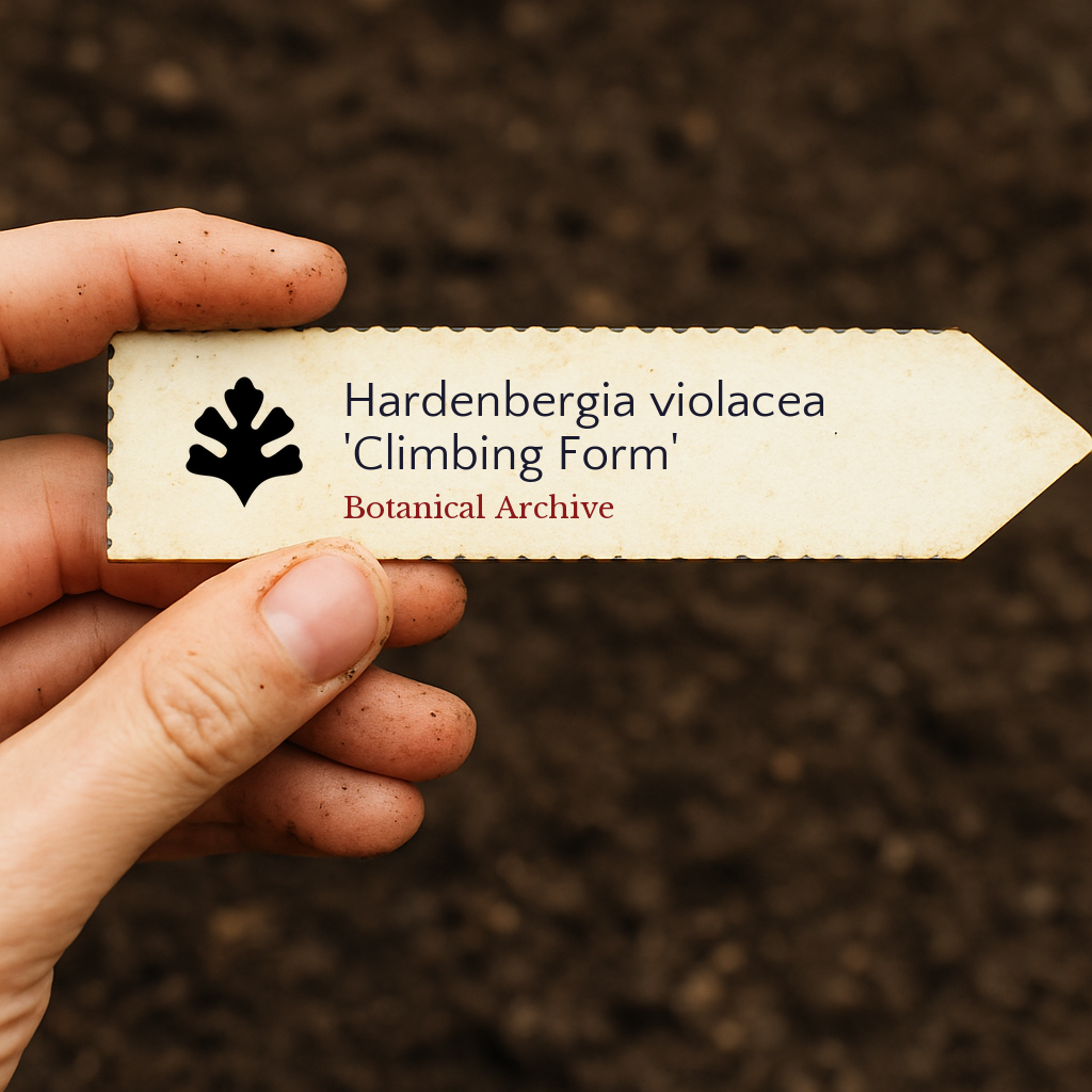 Printed plant label for Hardenbergia violacea 'Climbing Form' held over soil background