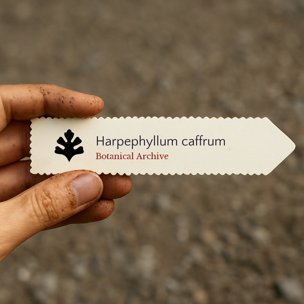 Printed plant label for Harpephyllum caffrum with botanical archive logo held by hand