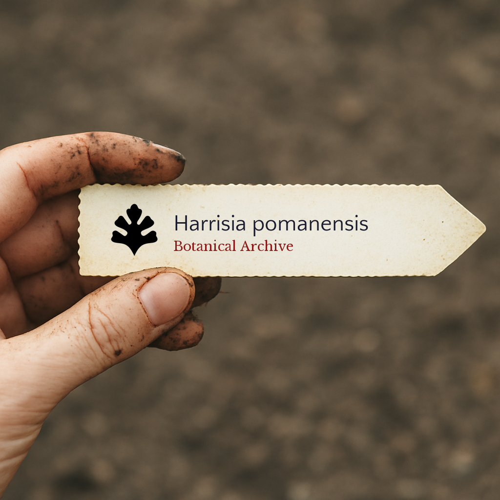 Printed plant label for Harrisia pomanensis held by dirty hand with soil background