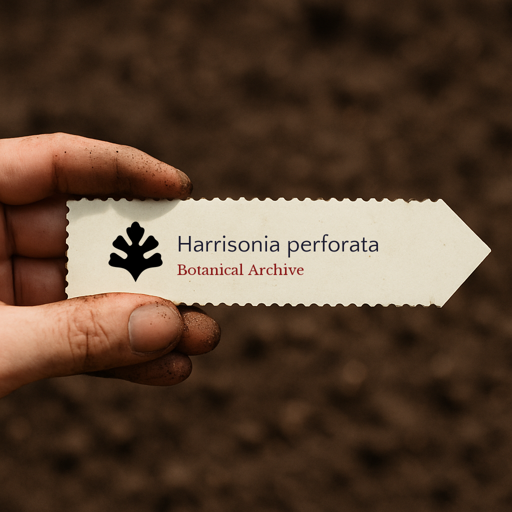 Printed plant label for Harrisonia perforata with botanical archive logo held over soil background