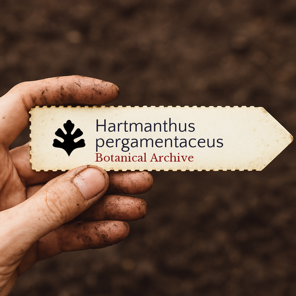 Printed plant label for Hartmanthus pergamentaceus held by dirty hand over soil background