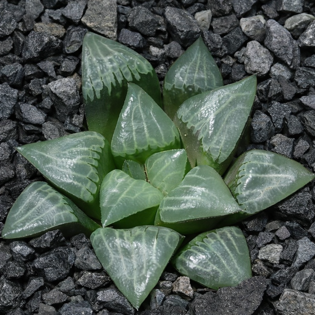 호워시아 바이에리 x 무티카 다육식물, 반투명한 삼각형의 육즙이 풍부한 잎이 바위 토양 위에 있음