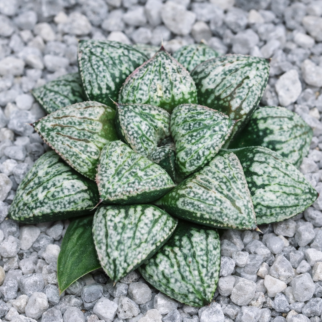 هوارثيا إميليا فاريات باتيكا نبات عصاري بأوراق سميكة مثلثة خضراء ونقوش بيضاء مرقطة على خلفية من الحصى