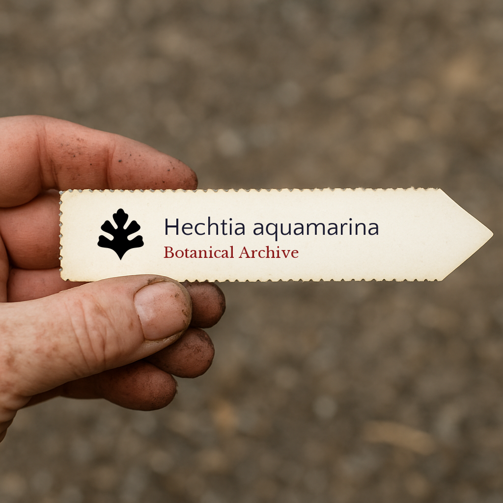 Printed plant label for Hechtia aquamarina with botanical archive logo held by hand