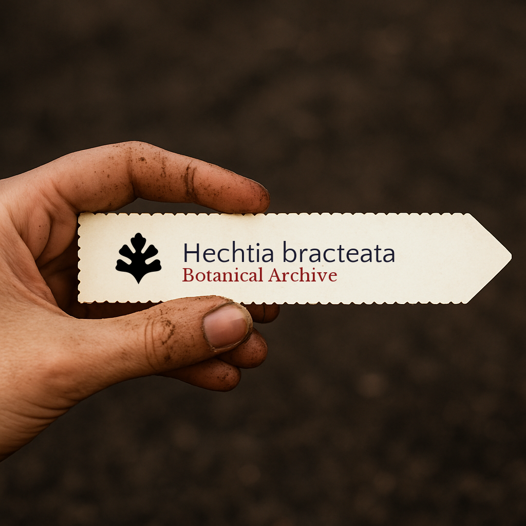 Printed plant label for Hechtia bracteata held by hand with soil background