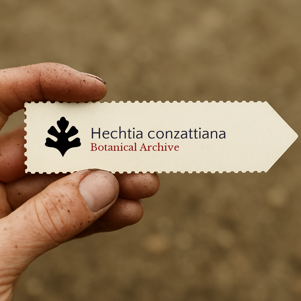 Printed plant label for Hechtia conzattiana with botanical archive logo in hand