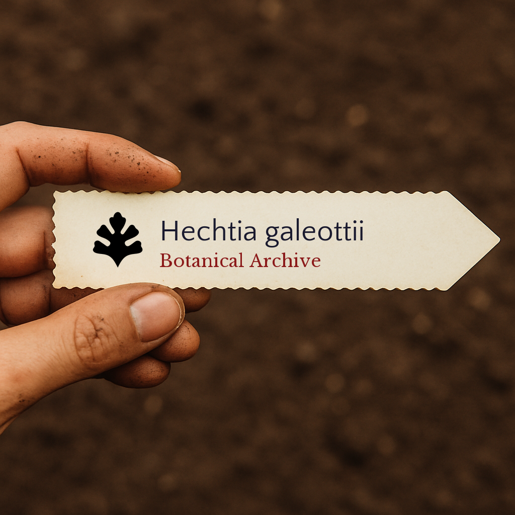 Printed plant label for Hechtia galeottii with botanical archive logo held by hand
