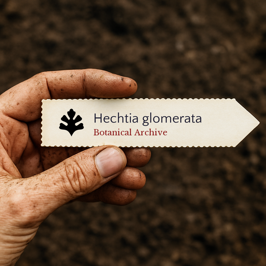 Printed plant label for Hechtia glomerata held by dirty hand over soil background
