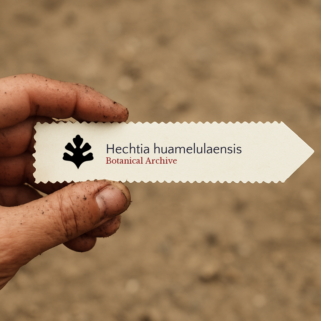 Printed plant label for Hechtia huamelulaensis held by dirty hand over soil background