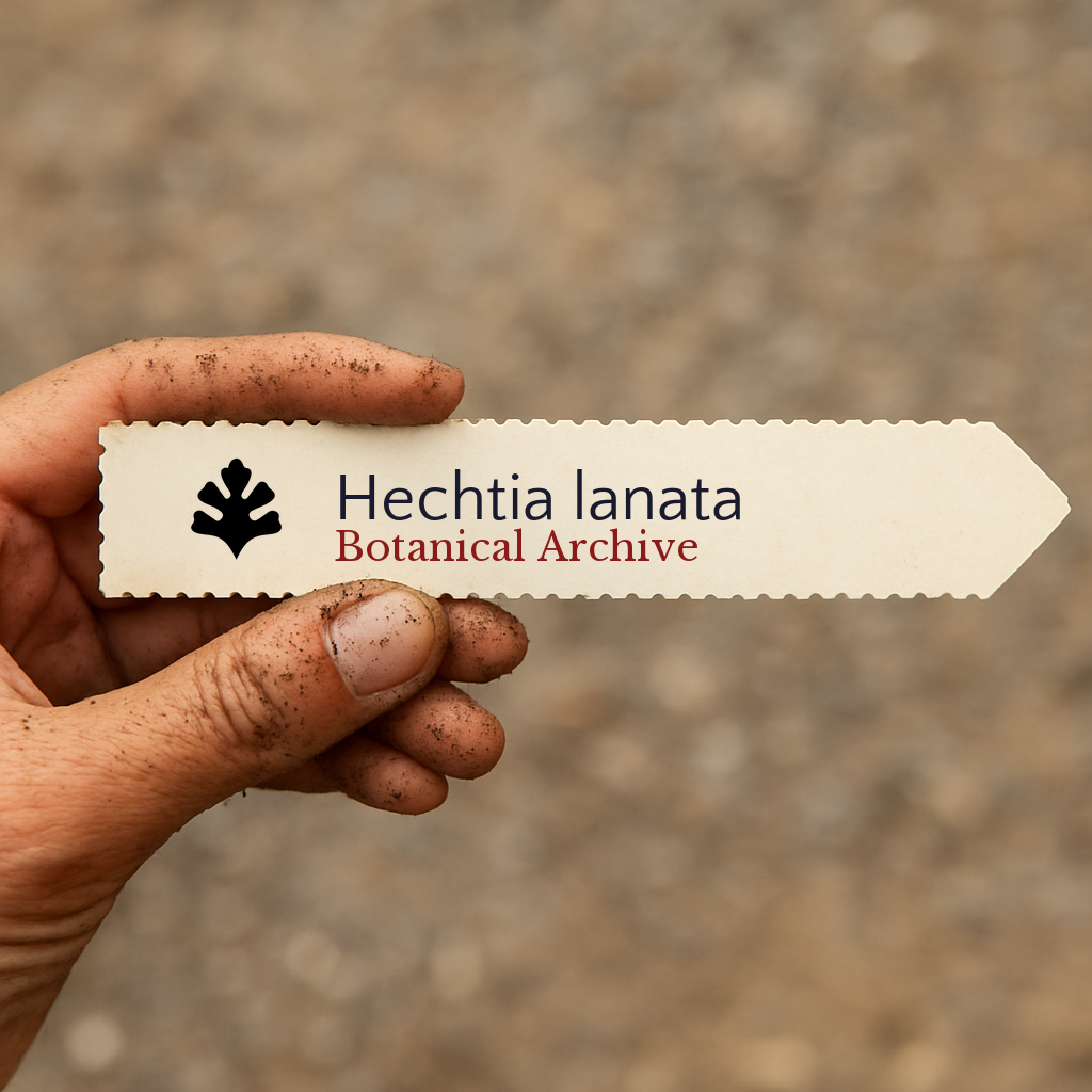 Printed plant label for Hechtia lanata with botanical archive logo held by dirty hand