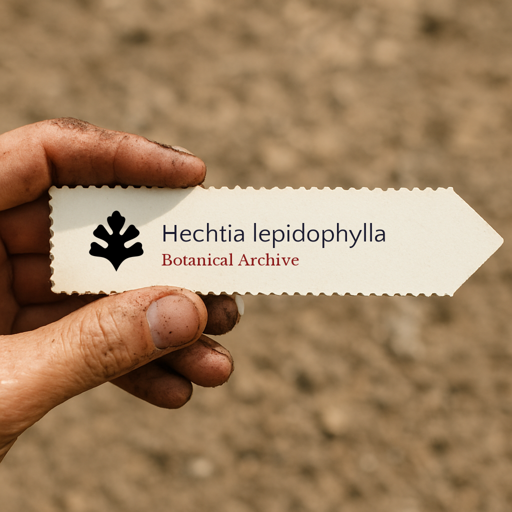 Printed plant label for Hechtia lepidophylla held by dirty hand against soil background