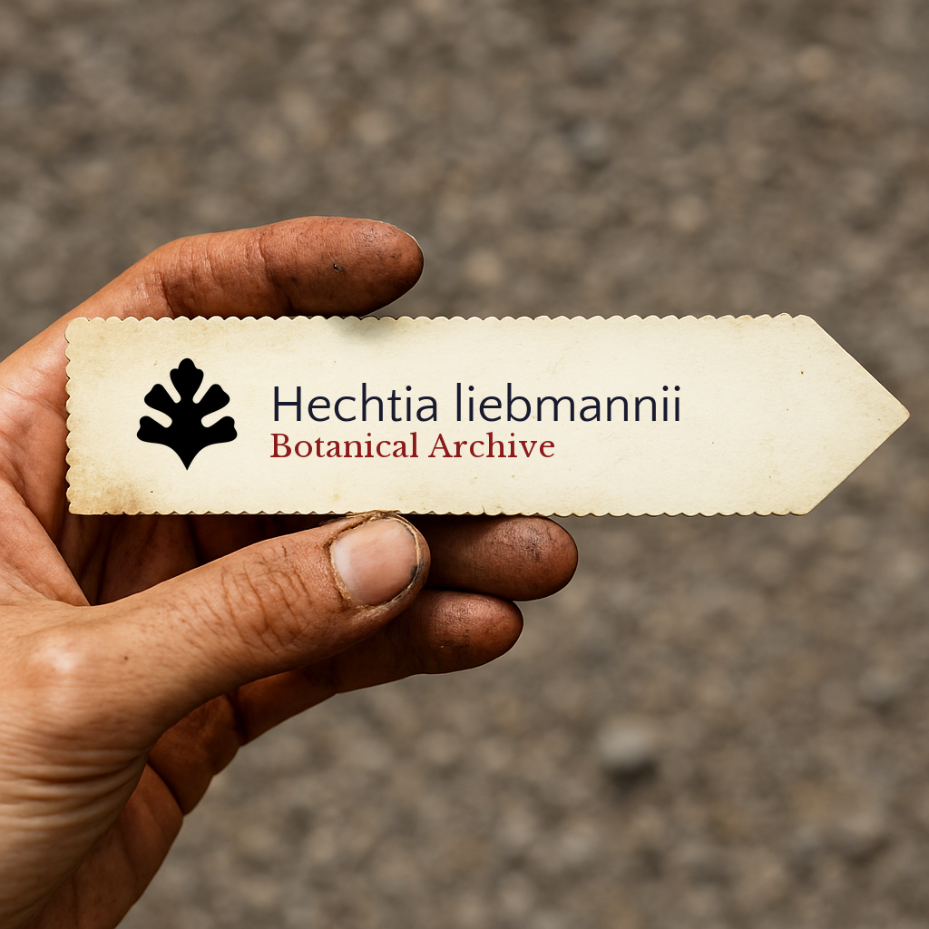 Printed plant label for Hechtia liebmannii held by hand with dirt background