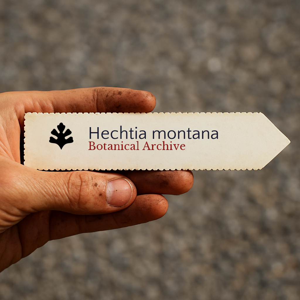Printed plant label for Hechtia montana held by hand with dirt on fingers
