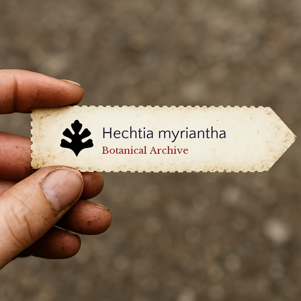Printed plant label for Hechtia myriantha held by hand with dirt background