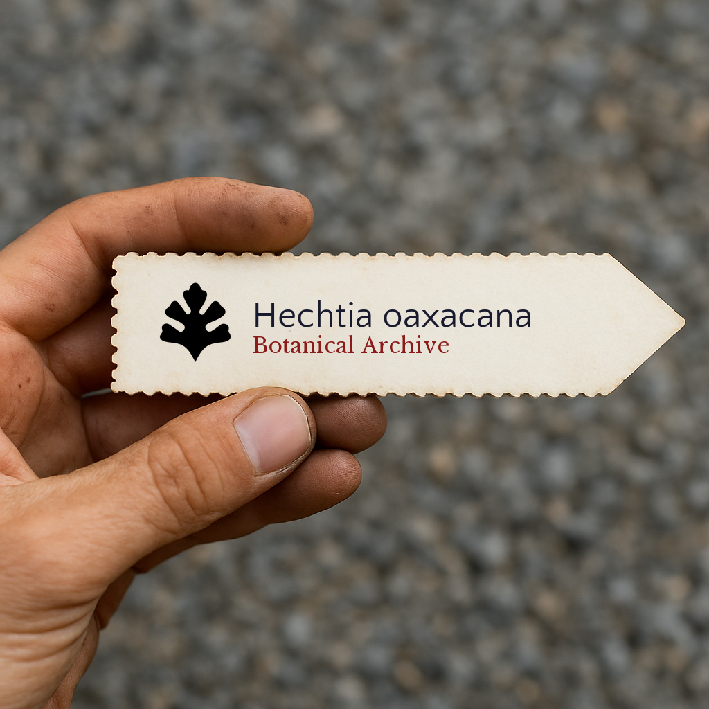 Printed plant label for Hechtia oaxacana held by hand with blurred background