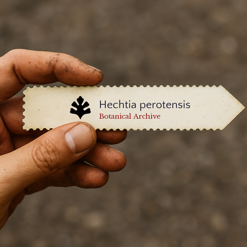 Printed plant label for Hechtia perotensis held by hand with dirt background