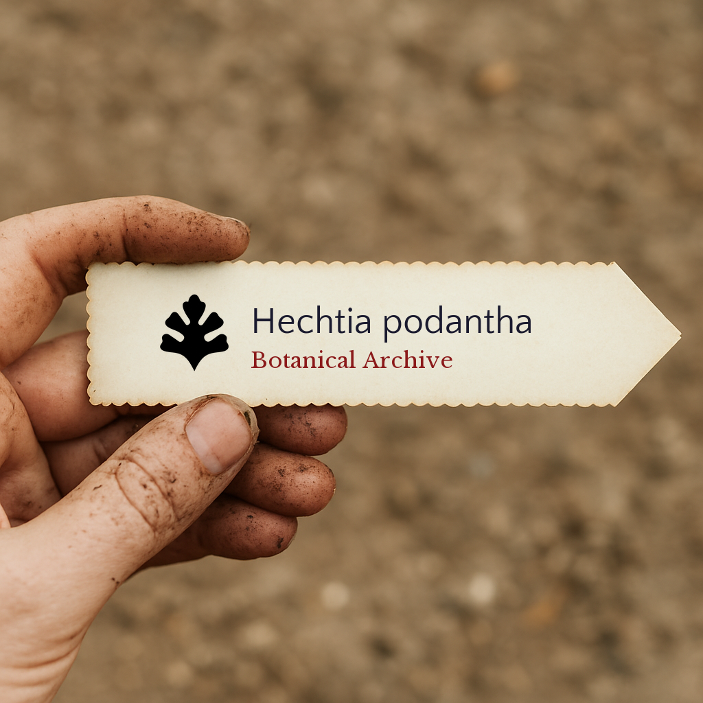 Printed plant label for Hechtia podantha with botanical archive logo held by dirty hand