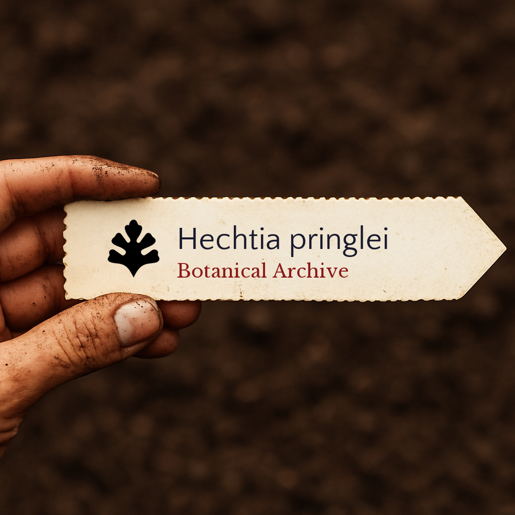 Printed plant label for Hechtia pringlei with botanical archive logo held by dirty hand