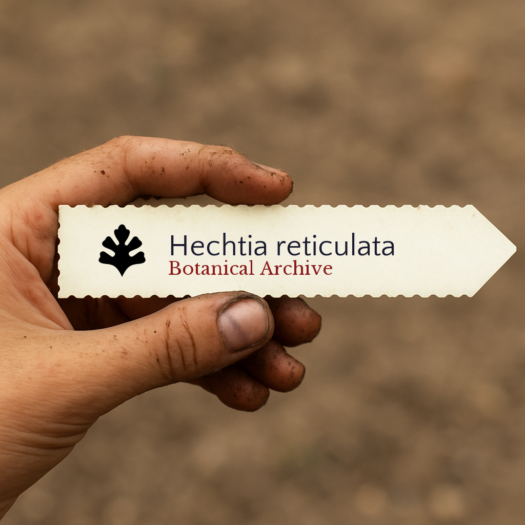 Printed plant label for Hechtia reticulata held by dirty hand outdoors