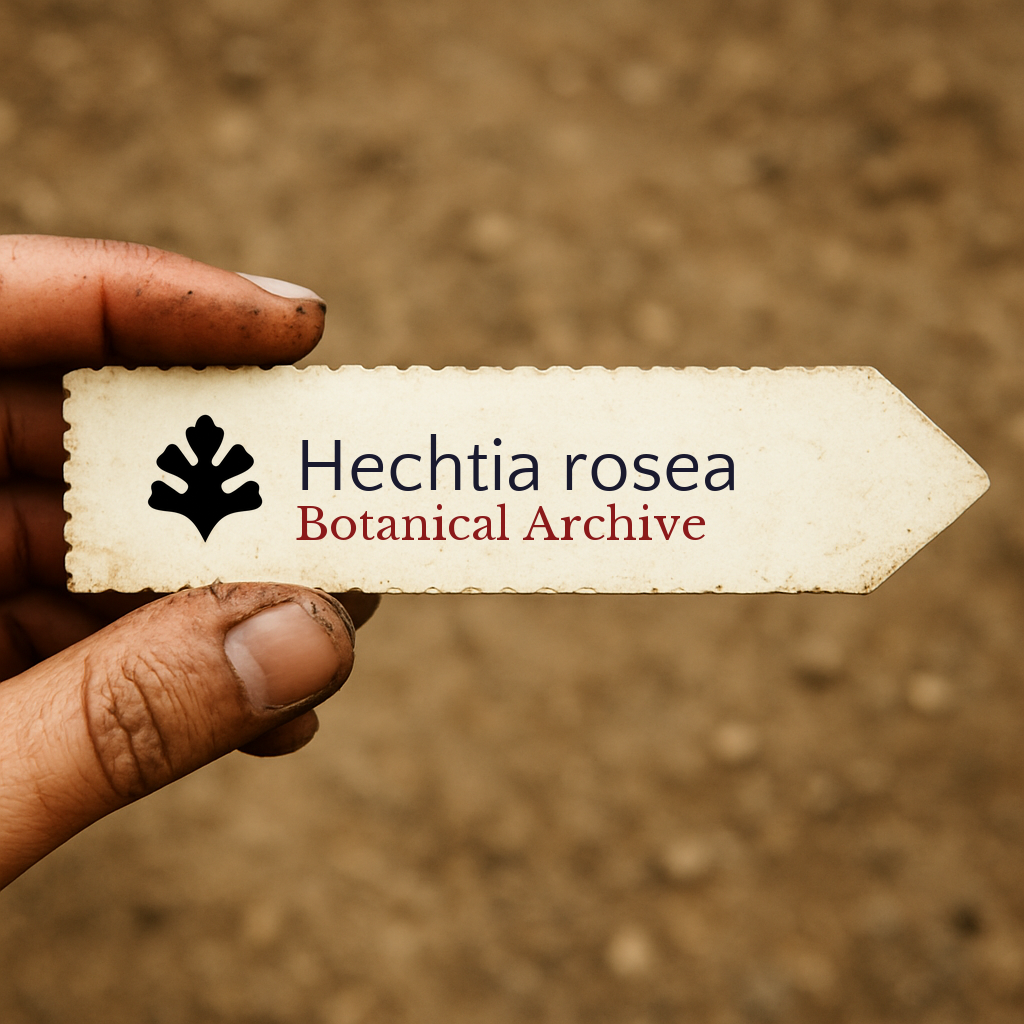 Printed plant label for Hechtia rosea held by hand with dirt background