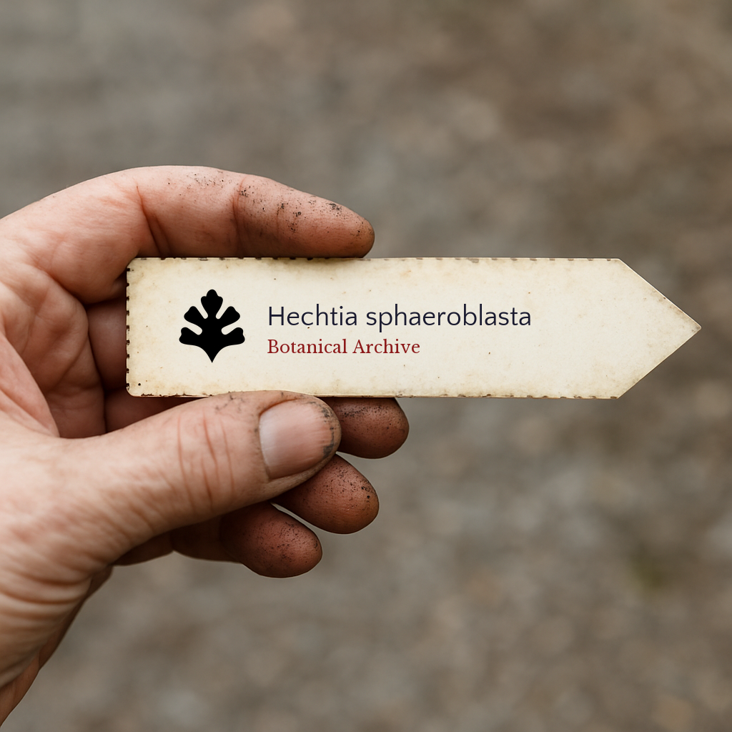 Printed plant label for Hechtia sphaeroblasta held by a hand with soil on fingers