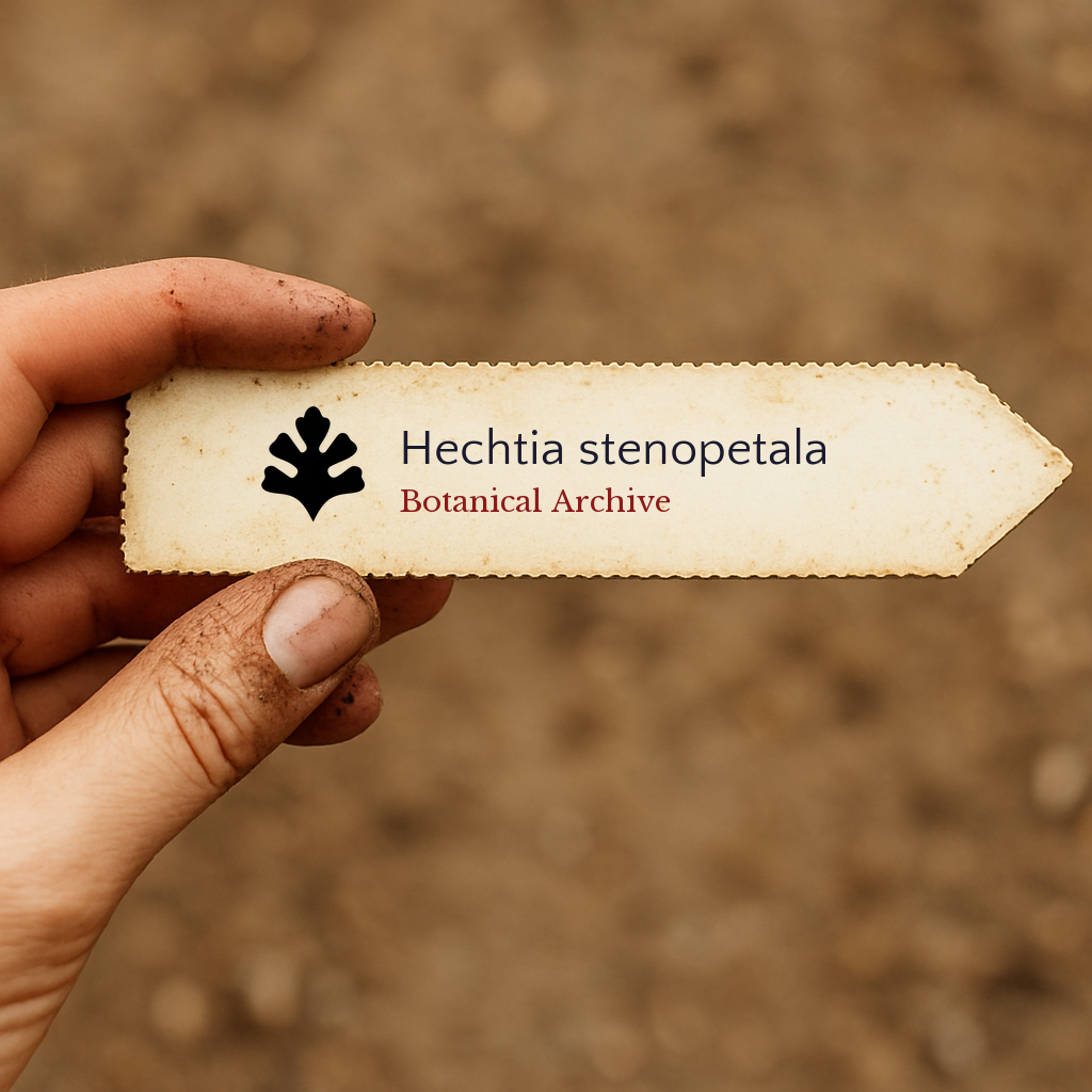 Printed plant label for Hechtia stenopetala held by hand with soil background