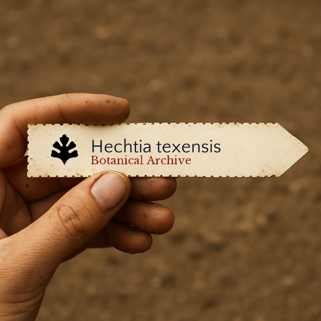 Printed plant label for Hechtia texensis held by hand over soil background