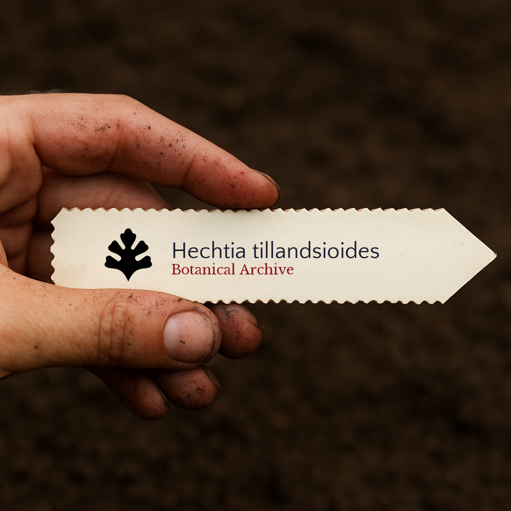 Printed plant label for Hechtia tillandsioides held by dirty hand over soil background