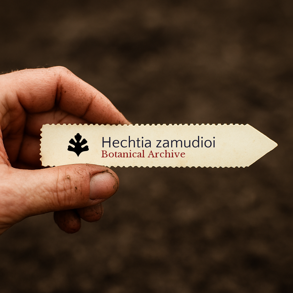 Printed plant label for Hechtia zamudioi held by hand over soil background