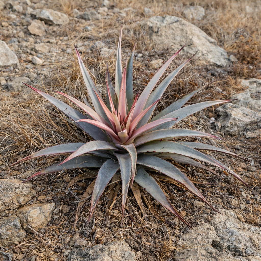 岩だらけの土壌に生える、トゲのある灰色とピンクの葉を持つヒェクティア属リオ・サポティトラン多肉植物
