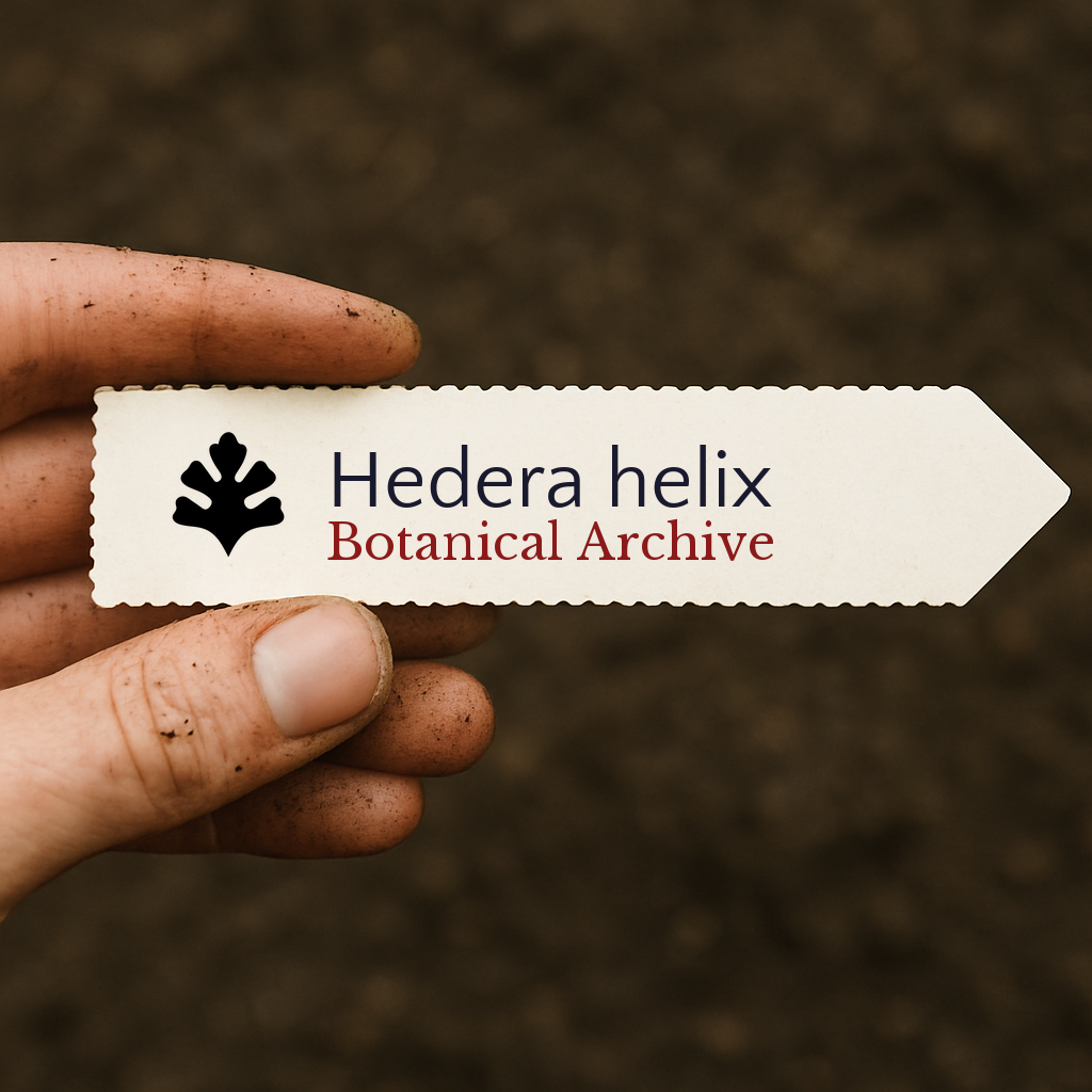Printed plant label for Hedera helix held by hand with soil background