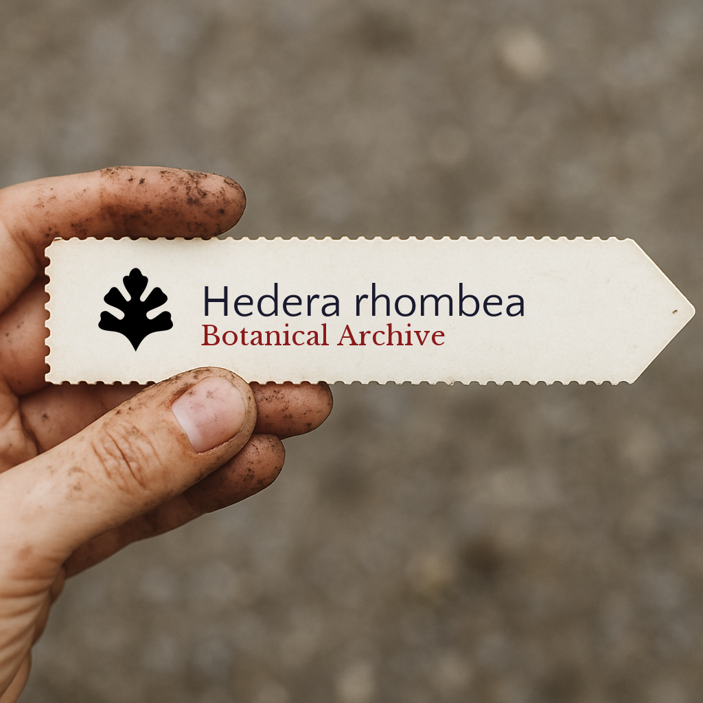 Printed plant label for Hedera rhombea held by dirty hand outdoors